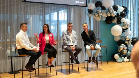 Jonathan staff  head of private cloud at macquarie cloud services  jo dooley  general manager enterprise  microsoft anz  phil barlow  chief technology officer at microsoft anz  naran mcclung  head of azure at macquarie cloud services