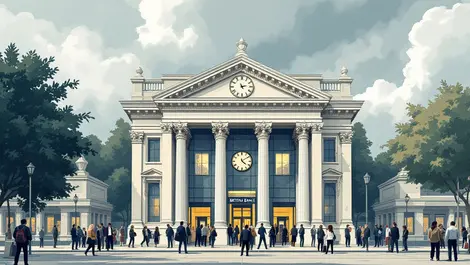 Realistic illustration british bank building large clock customers waiting