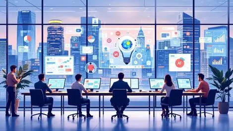 Modern office professionals collaborating digital screens ai customer experience business strategy singapore cityscape