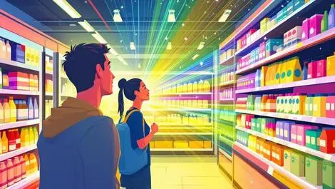 Shopper in grocery store colored eye glows highlighting product shelves observation
