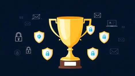 Golden trophy with six digital shields and cybersecurity icons background