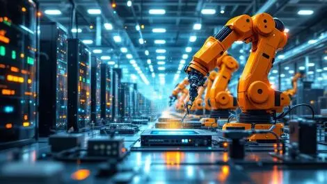 Realistic modern factory floor robotic arms machinery connected servers ai edge