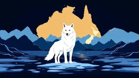 White wolf on icy landscape with australia new zealand map silhouettes