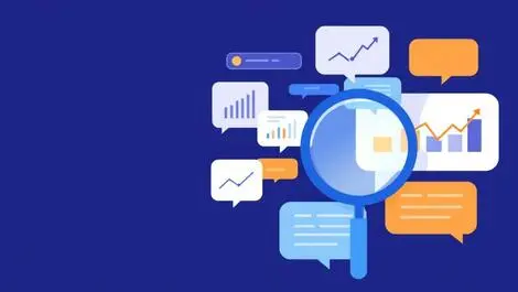 Magnifying glass examining data charts speech bubbles market research