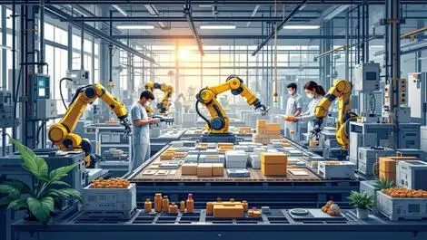 Realistic illustration advanced asia factory robotic arms automation human monitoring