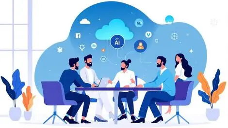 Business professionals collaborating table cloud ai icons teamwork tech