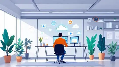 Australian office cloud engineer working computer digital cloud icons