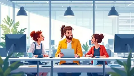 Happy office workers collaborating at modern desks in bright australian space