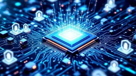 Microchip energy radiation digital shield hardware security illustration
