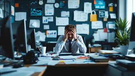 Stressed uk office worker public sector desk cluttered tech papers