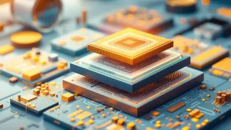 Detailed illustration layered semiconductor chips 3d stacked circuit patterns lab background