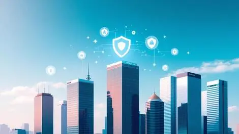 Modern illustration australian city skyscrapers digital shield icons fintech protection