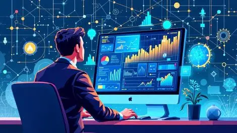 Professional financial advisor analyzing digital graphs ai neural network modern office