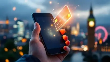 Hand holding smartphone wallet app glowing bank card london landmarks