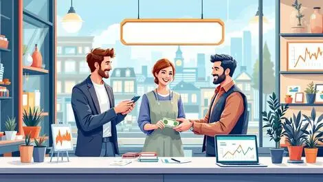 New zealand small shop banker handing cash to owner laptop digital graph cityscape