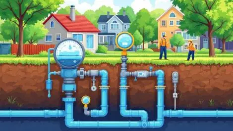 Modern water meters underground pipes urban neighborhood technicians inspecting