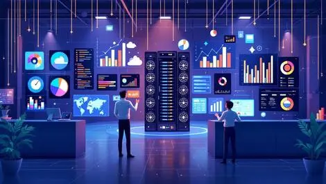 Realistic modern data center servers digital dashboards analytics costs