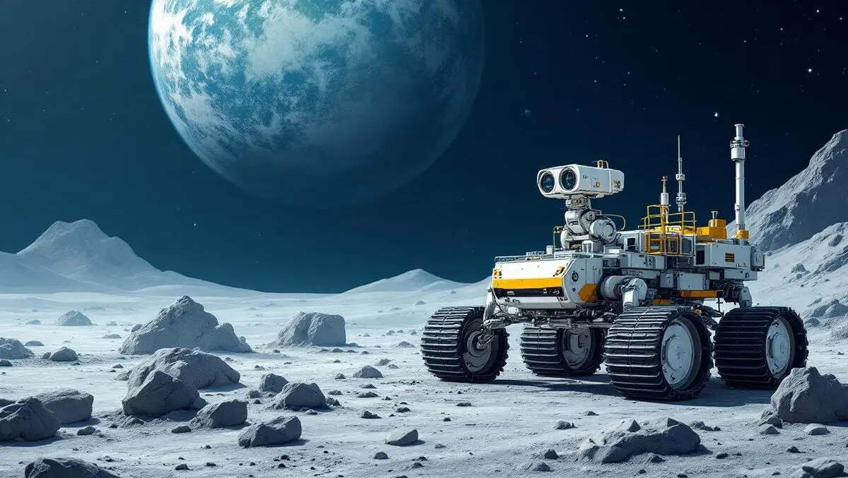 Robotic rover with mechanical arms on rocky lunar landscape earth in background