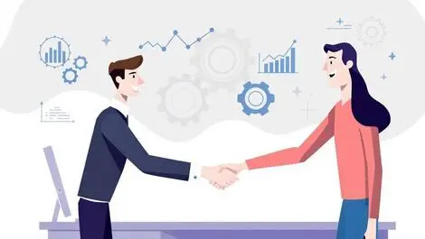 Business people handshake desk digital data graphs gears acquisition automation