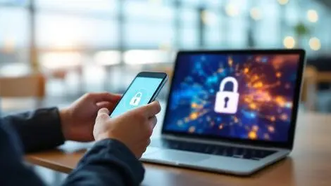 Realistic person using smartphone laptop airport lounge cybersecurity icons