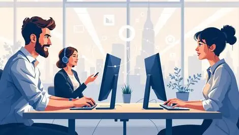 Realistic illustration tech professionals collaborating network connections uk office