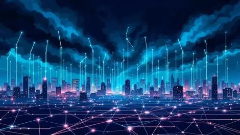 Digital illustration cyberattack dark storm clouds over cityscape infrastructure