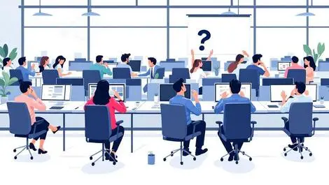 Realistic illustration busy office workers frustrated confused empty malfunctioning screens lack information flow