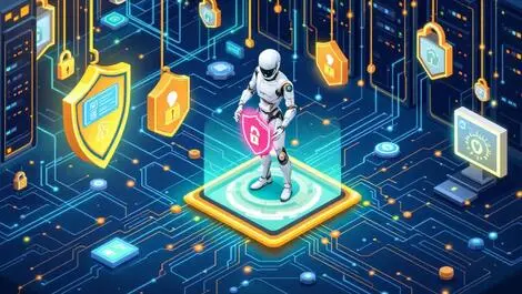 Computer network digital shields security locks ai humanoids monitoring threats