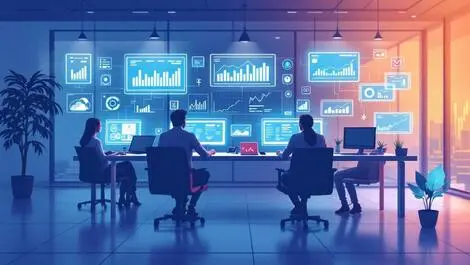 Uk office workspace employees computers digital dashboards it management