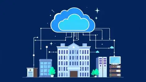 Secure network cloud office building digital connections laptops servers