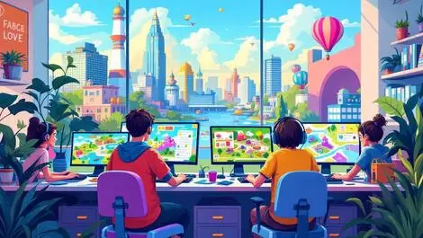 Young australian gamers collaborating creating colorful video game worlds