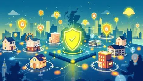 Uk small business network digital shield security icons british cityscape
