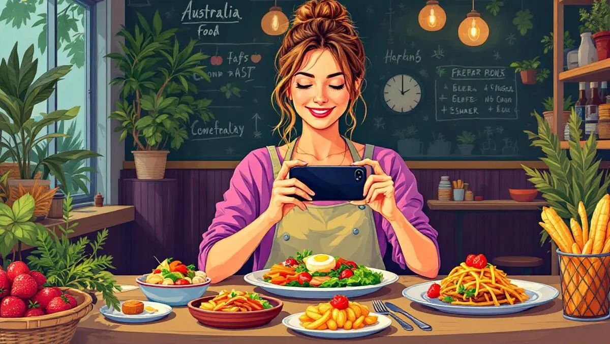 Colorful illustration australian food influencer photographing gourmet meal