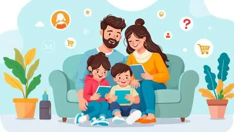 Australian family using digital devices online shopping virtual assistants icons