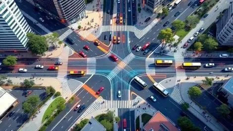 Aerial view busy australian city intersection real time traffic analysis