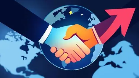 Handshake silhouettes merging into arrow global business collaboration growth