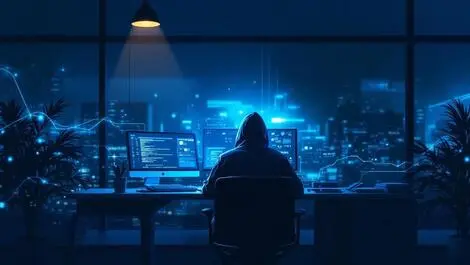 Realistic office night shadowy figure computer digital data streams insider cyber threats