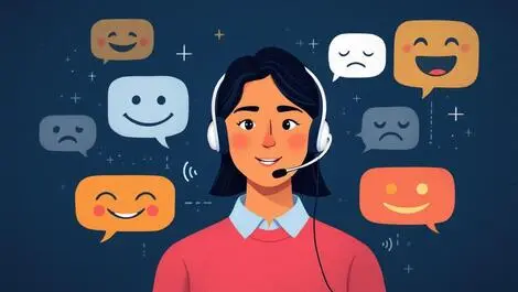 Customer service agent headset emotive speech bubbles digital waves emotional analysis