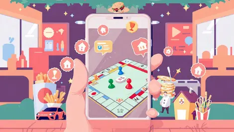 Smartphone showing monopoly board with virtual pieces prizes car house fast food background