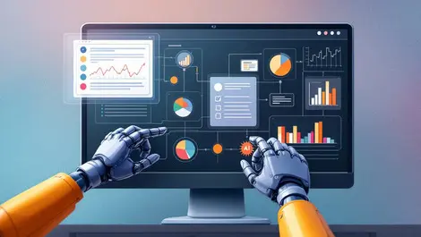 Ai automation customer experience digital workflow robotic hands charts graphs