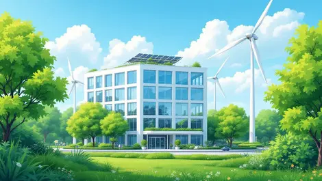 Modern corporate building greenery solar panels wind turbines sustainability
