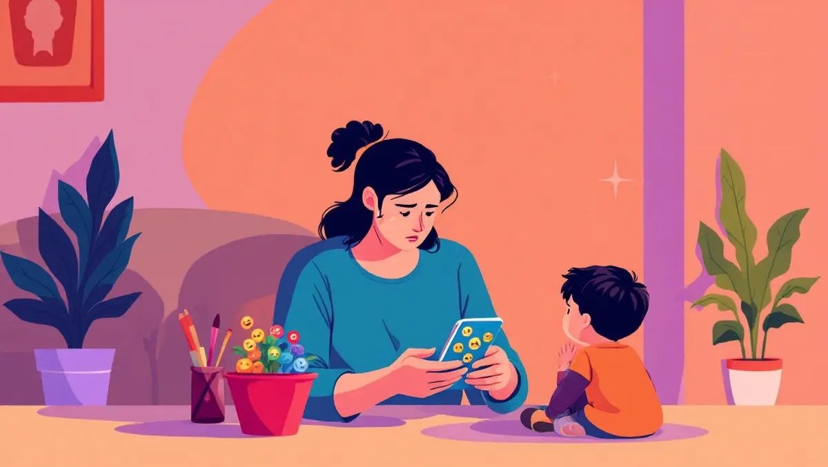 Worried parent looking at smartphone with emojis child nearby guidance home