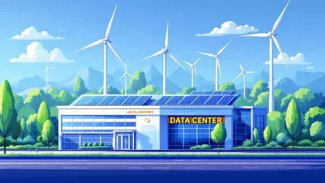 Modern data center building solar panels wind turbines greenery clean environment