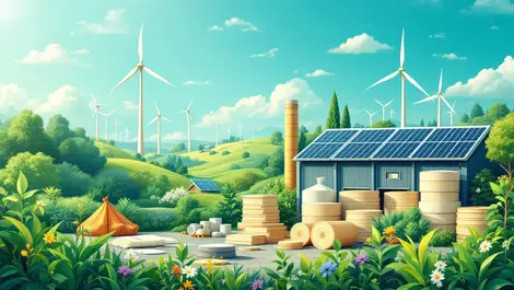 Green textile paper production modern factory wind turbines solar panels sustainability growth