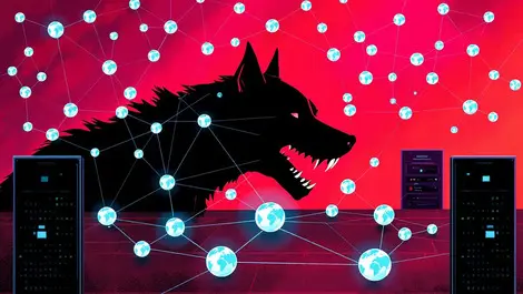 Snarling dog silhouette behind servers network web globe icons dns infection
