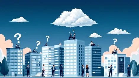 Cloud above modern office buildings puzzled frustrated businesspeople servers