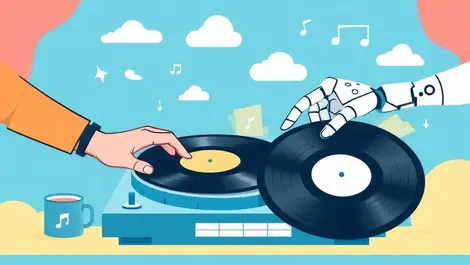 Human robotic hand vinyl records turntable ai music discovery illustration