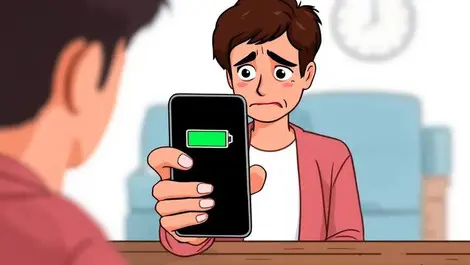 Illustration iphone low battery frustrated person holding phone indoor