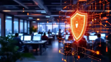 Modern office workspace singapore people collaborating computers digital shield cybersecurity