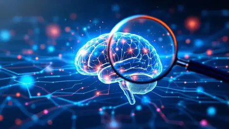 Magnifying glass over glowing brain abstract connections ai search tech